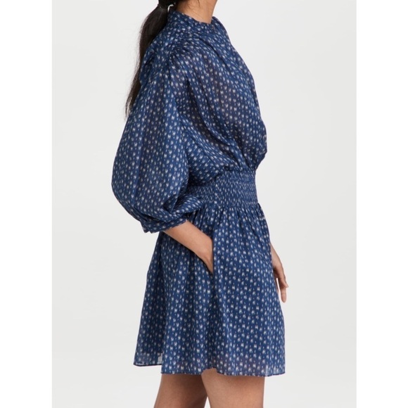 Rebecca Taylor Long Sleeve Ikat Shirtdress Indigo Blue Puff Sleeve Smocked Sz S - Picture 3 of 16